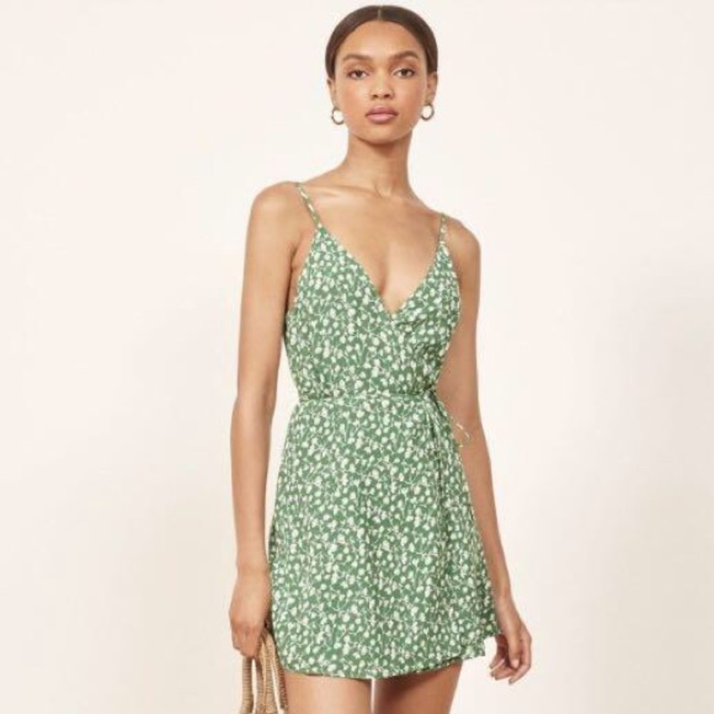 Reformation Thora Daisies Mini Wrap Dress - Green